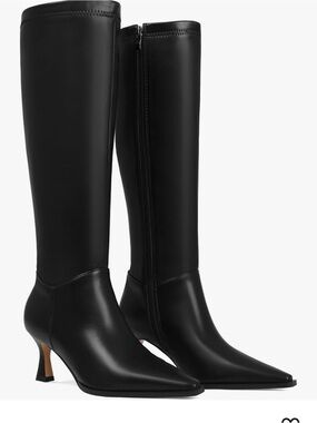 Women's Black Knee-High Pointed-Toe Heeled Boots